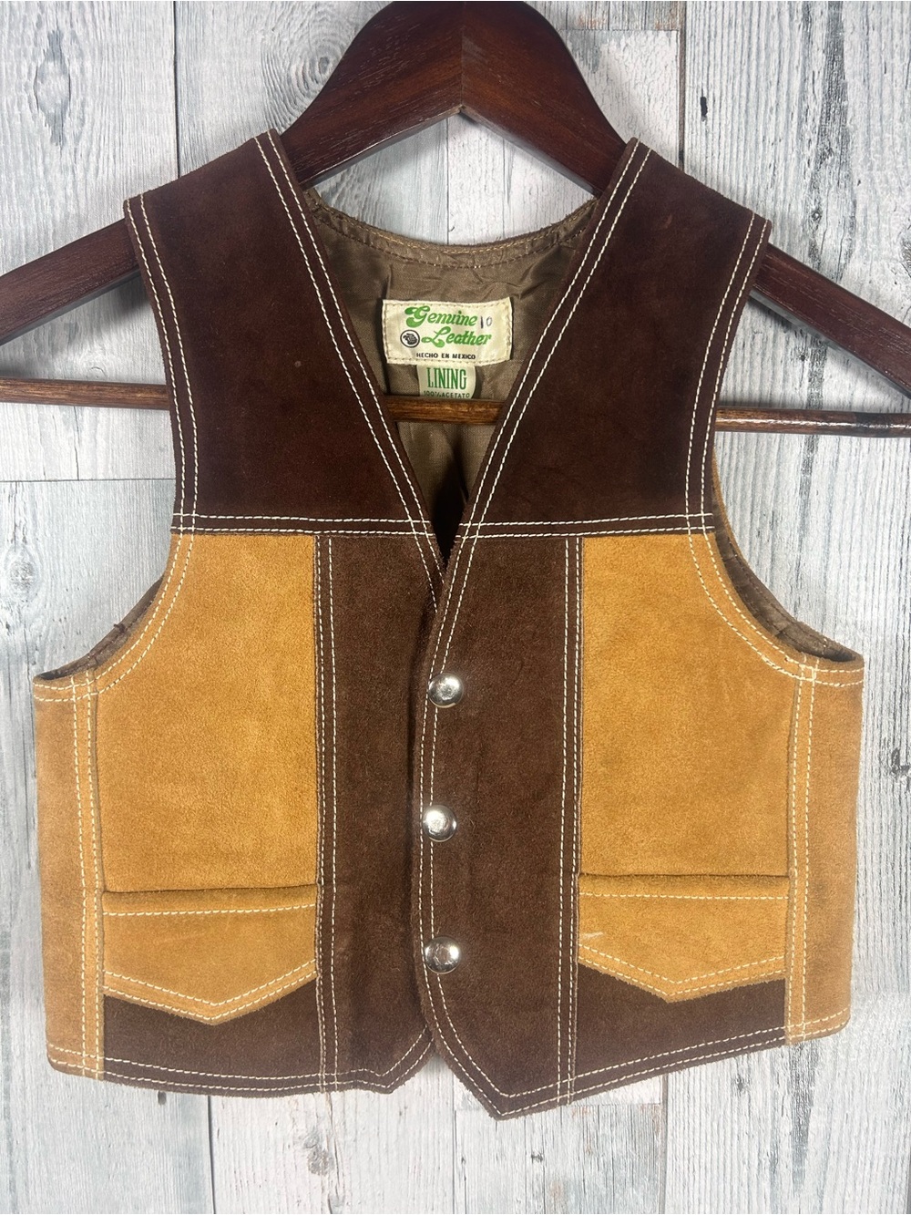 Vintage 70s Kids Genuine Leather Suede Western Cowboy Vest Brown Tan Size 7